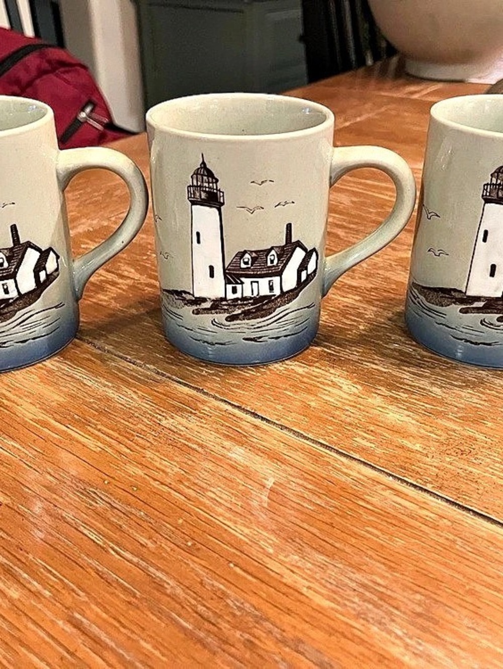 Vintage 1980s Down East Crafts Lighthouse Stoneware Mugs - Set of 3